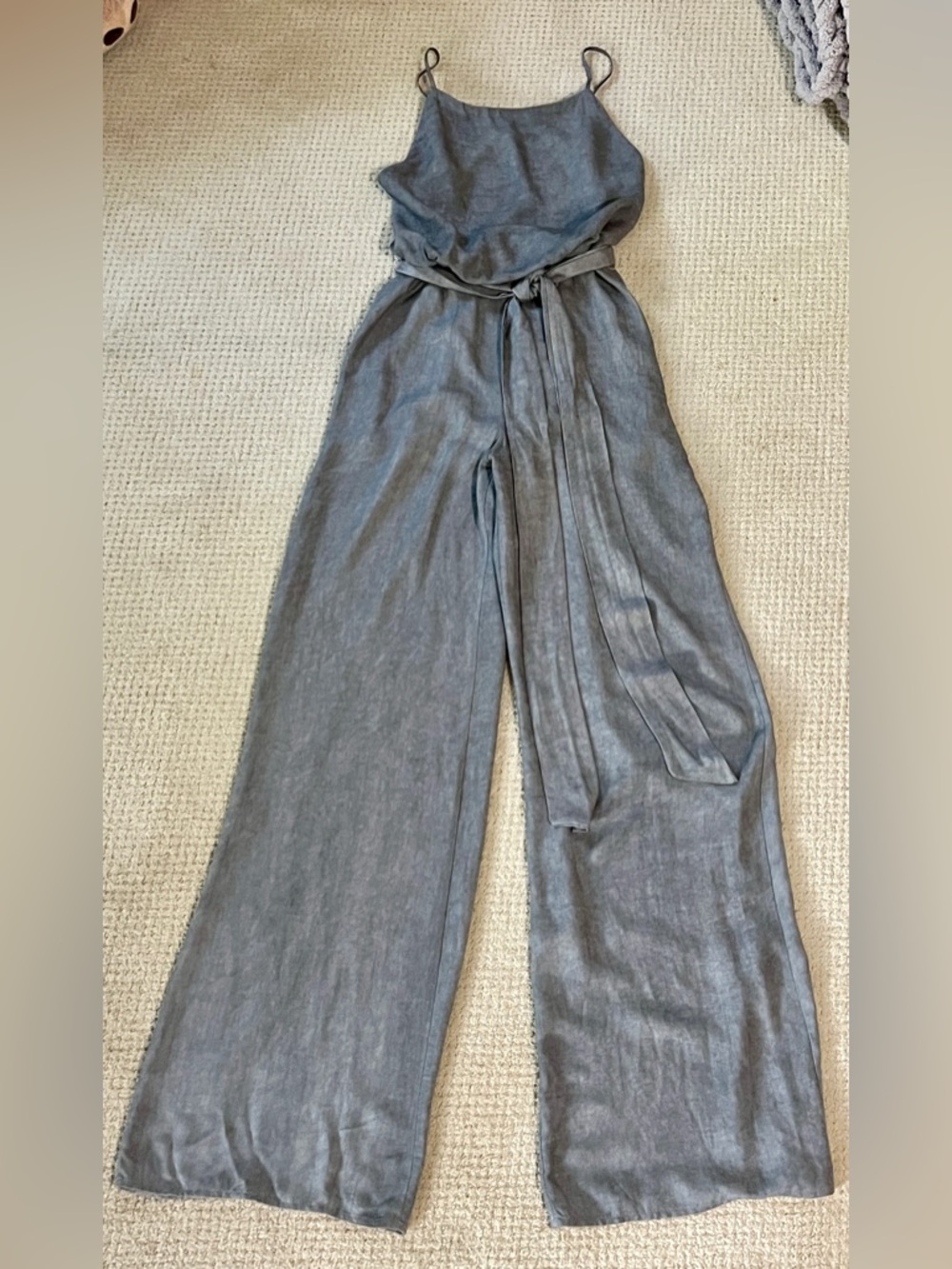 American Threads Gray Sleeveless Wide-Leg Jumpsuit with Tie Belt